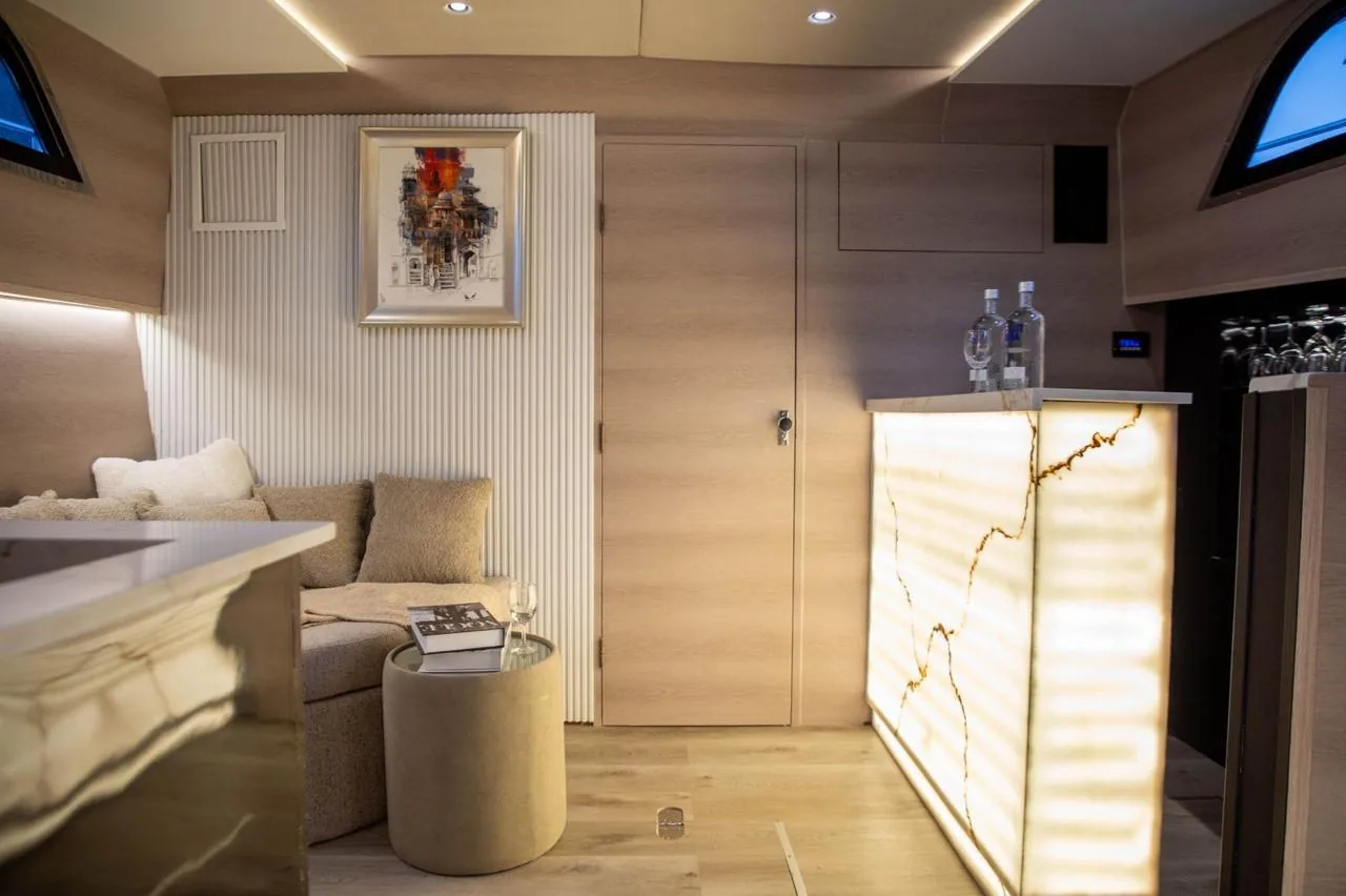 Interior lounge with a backlit onyx bar